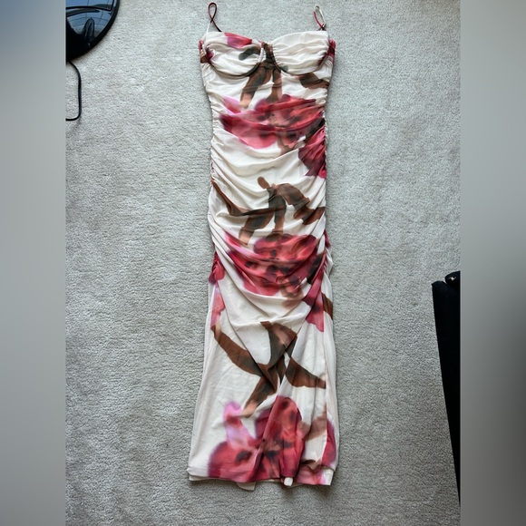 Dynamite Womens Feminine Pink Ruched Mesh Floral Maxi Dress - Size Small - Picture 4 of 7